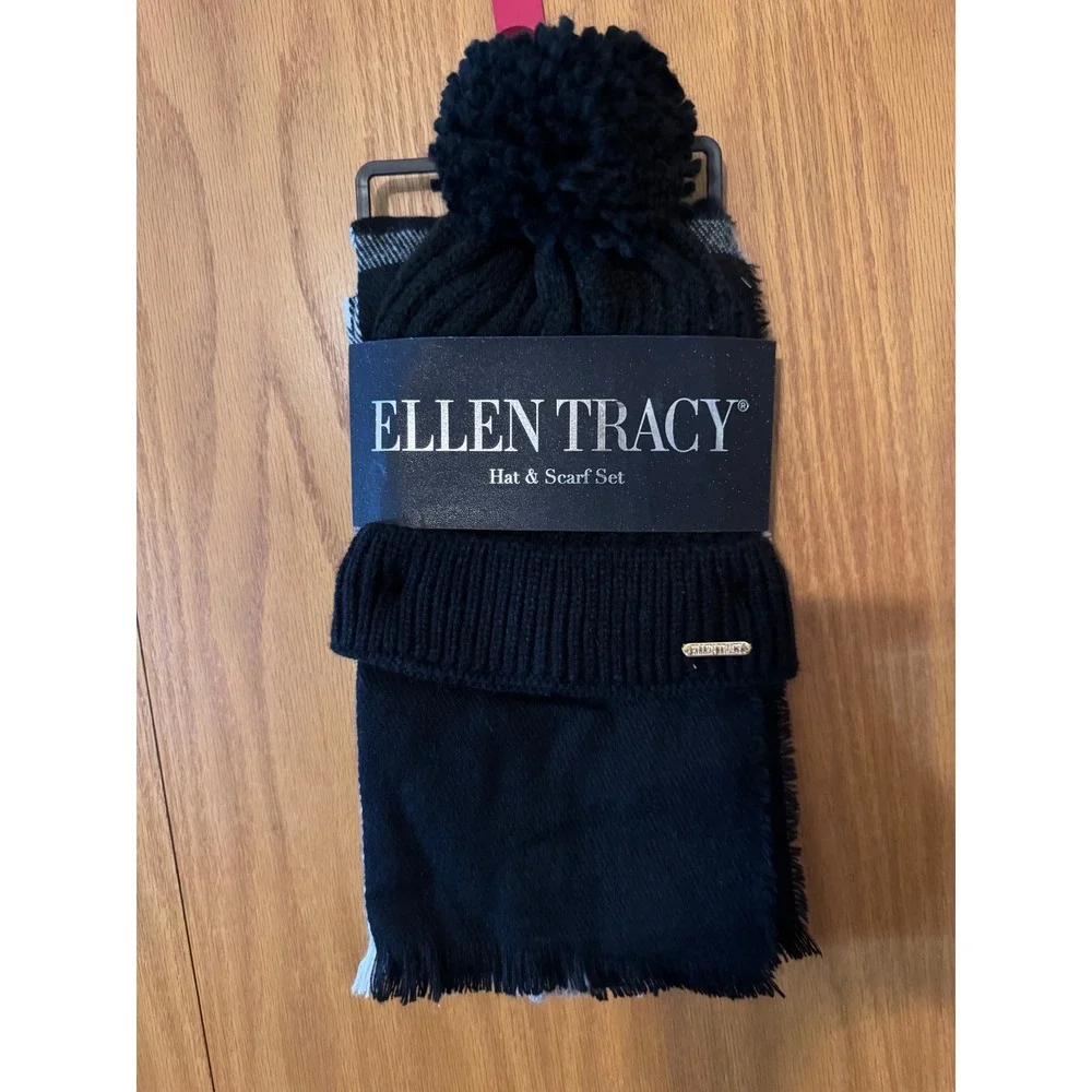 Ellen Tracy Hat and Scarf Set Black Combo Pom Beanie Striped Scarf ETCW-1011 NWT